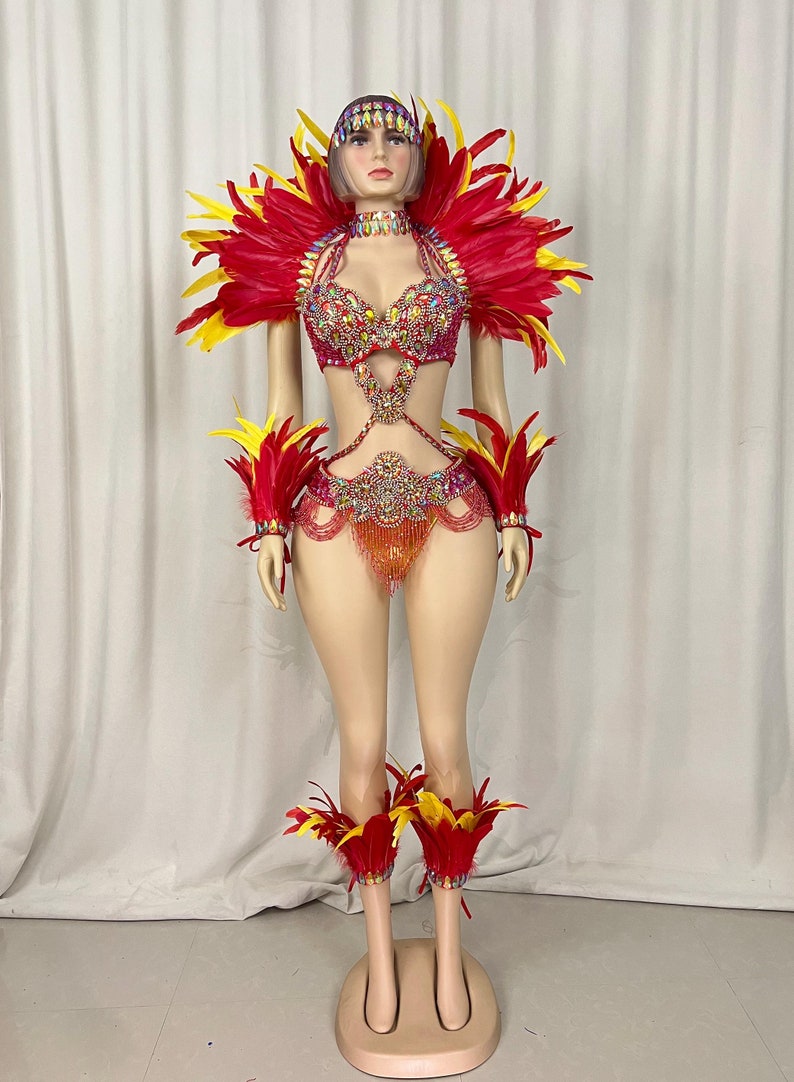 Carnival Dance Costume, Women's Red and Yellow Feathered Embellished Sequin Mardi Gras Outfit