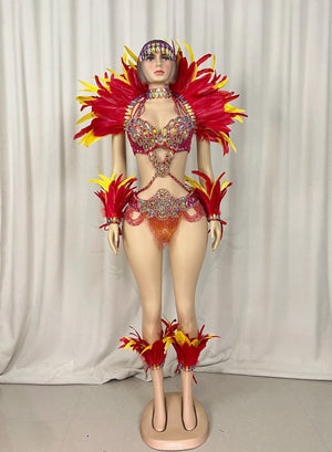 Carnival Dance Costume, Women's Red and Yellow Feathered Embellished Sequin Mardi Gras Outfit