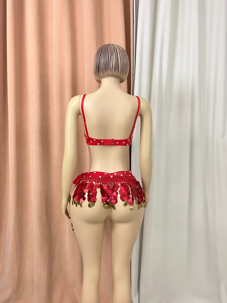 Belly Dance Bra and Belt Set, Women's Red Sequin & Rhinestone Embellished with Gold Coin Fringe, Performance Costume