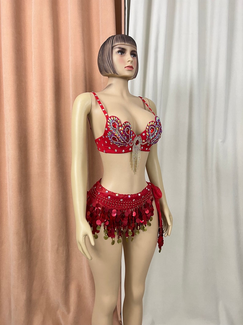 Belly Dance Bra and Belt Set, Women's Red Sequin & Rhinestone Embellished with Gold Coin Fringe, Performance Costume