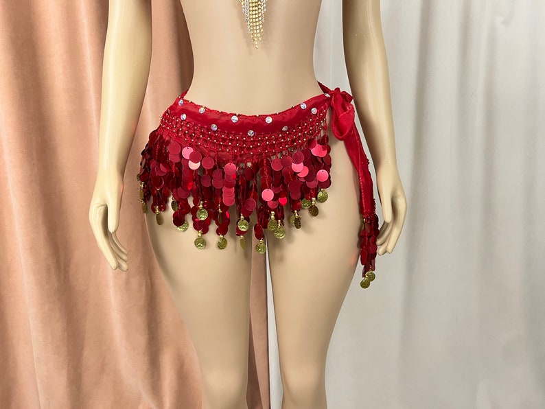 Belly Dance Bra and Belt Set, Women's Red Sequin & Rhinestone Embellished with Gold Coin Fringe, Performance Costume