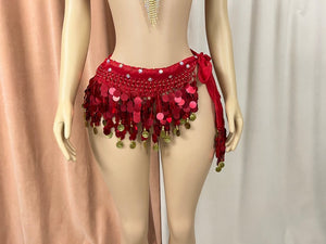 Belly Dance Bra and Belt Set, Women's Red Sequin & Rhinestone Embellished with Gold Coin Fringe, Performance Costume