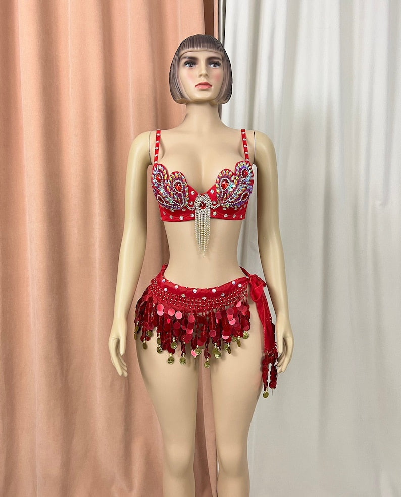 Belly Dance Bra and Belt Set, Women's Red Sequin & Rhinestone Embellished with Gold Coin Fringe, Performance Costume