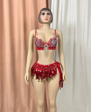 Belly Dance Bra and Belt Set, Women's Red Sequin & Rhinestone Embellished with Gold Coin Fringe, Performance Costume