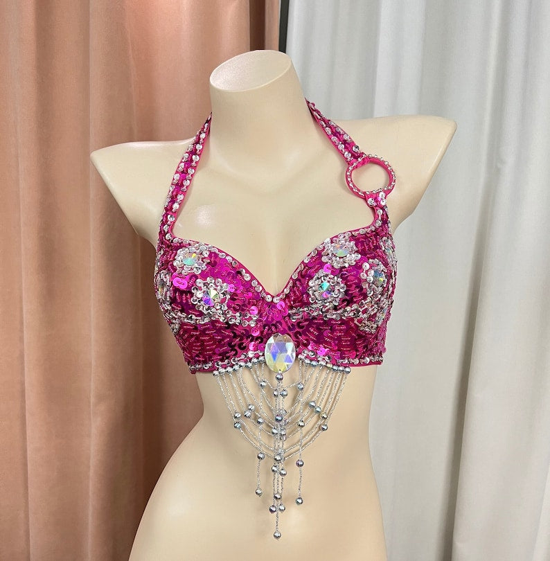 Belly Dance Halter Top, Women's Black Sequin & Rhinestone Beaded Fringe Bra, Performance Costume