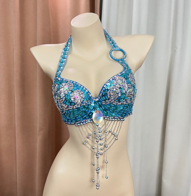 Belly Dance Halter Top, Women's Black Sequin & Rhinestone Beaded Fringe Bra, Performance Costume