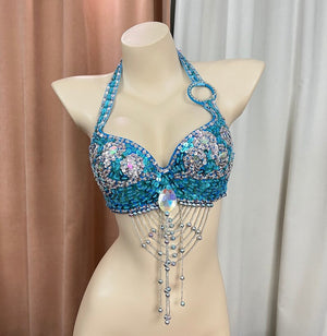 Belly Dance Halter Top, Women's Black Sequin & Rhinestone Beaded Fringe Bra, Performance Costume