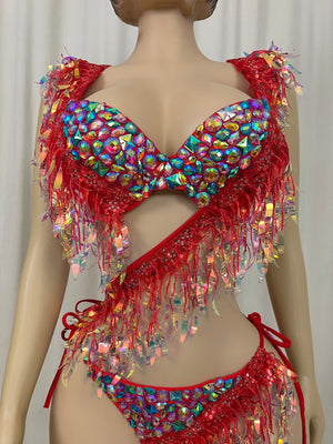 Women's Red Sequin Fringe Crystal Rhinestone Two-Piece Bikini Set Latin Dancewear