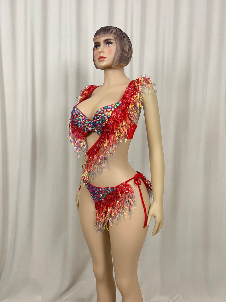 Women's Red Sequin Fringe Crystal Rhinestone Two-Piece Bikini Set Latin Dancewear