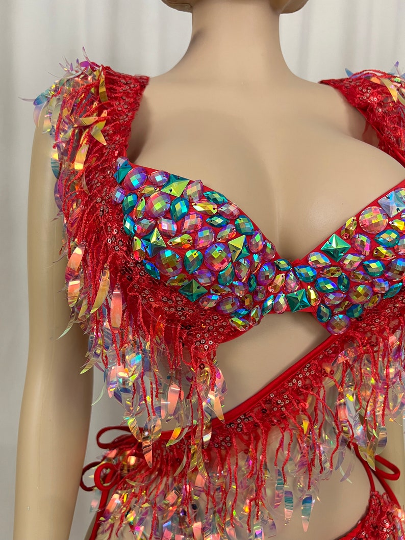 Women's Red Sequin Fringe Crystal Rhinestone Two-Piece Bikini Set Latin Dancewear