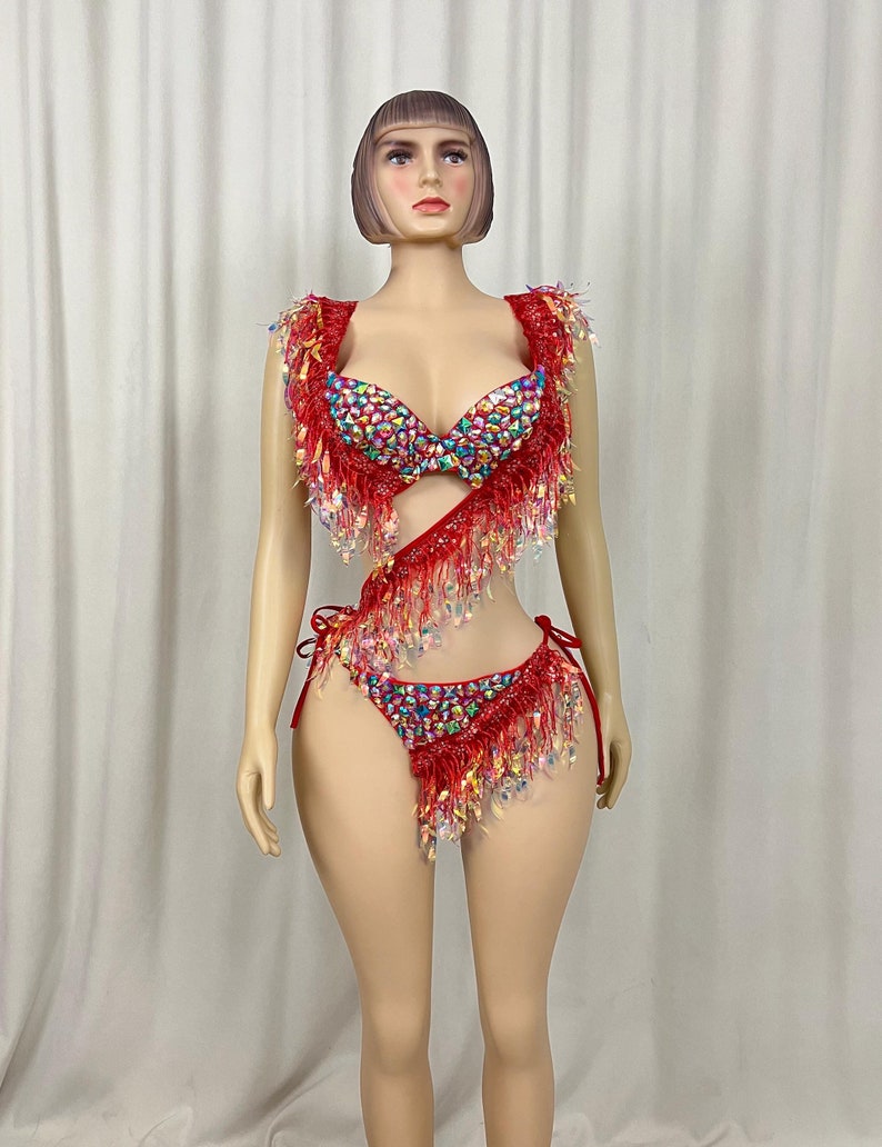 Women's Red Sequin Fringe Crystal Rhinestone Two-Piece Bikini Set Latin Dancewear