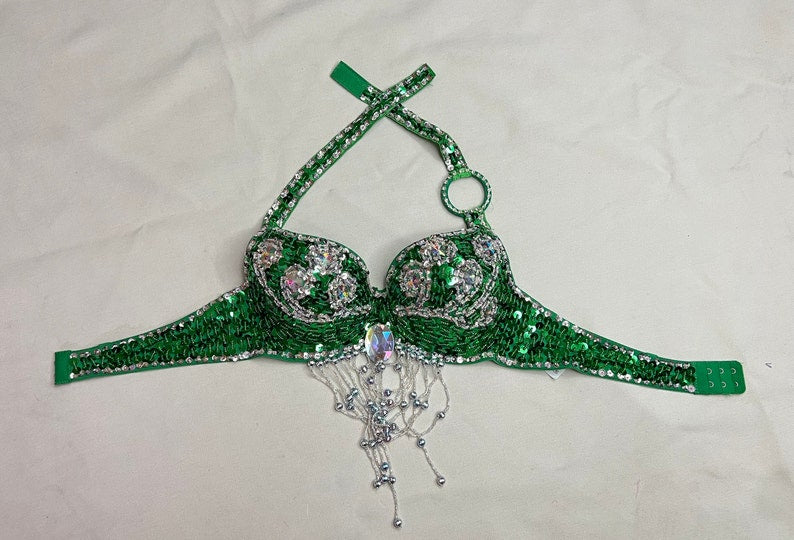 Belly Dance Halter Top Women's White Sequin Beaded Rhinestone Bra with Draped Fringe