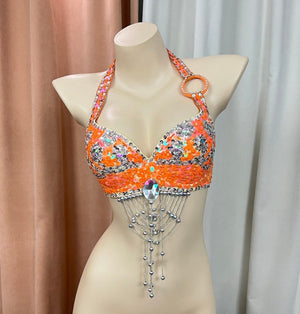 Belly Dance Halter Top Women's White Sequin Beaded Rhinestone Bra with Draped Fringe