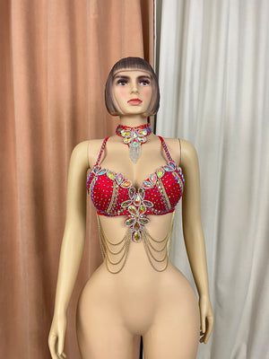 Belly Dance Women's Red Rhinestone Embellished Bra Top with Choker and Body Chains