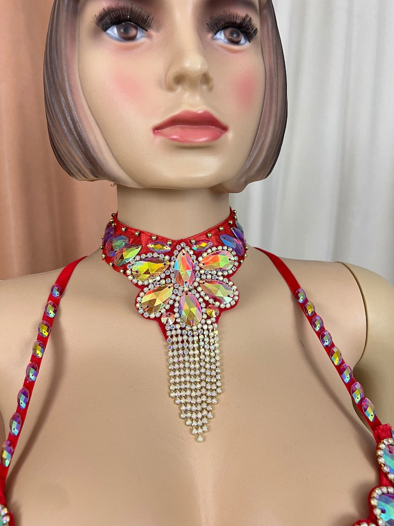 Belly Dance Women's Red Rhinestone Embellished Bra Top with Choker and Body Chains
