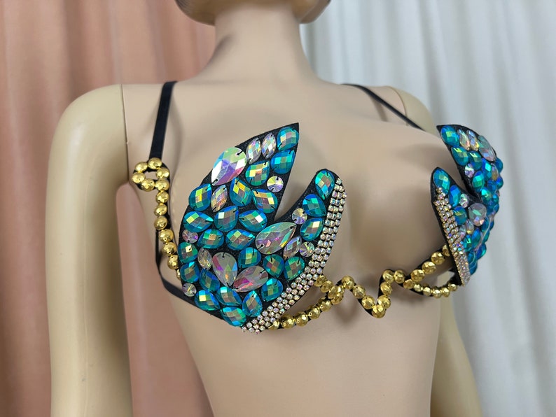 Dancing Bra Top, Women's, Teal/Gold, Embellished Jewel Open Cup, Belly Dance