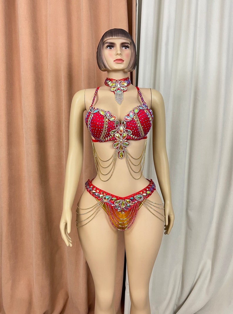 Belly Dance Costume Women's Red Embellished Rhinestone & Gold Chain Halter Bra and Hip Scarf Set for Performance
