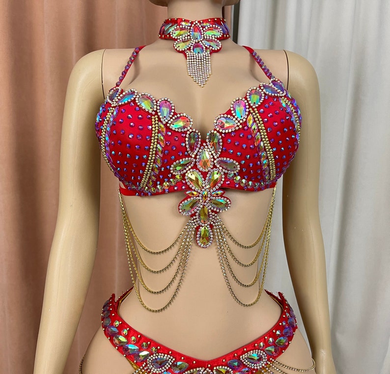 Belly Dance Costume Women's Red Embellished Rhinestone & Gold Chain Halter Bra and Hip Scarf Set for Performance