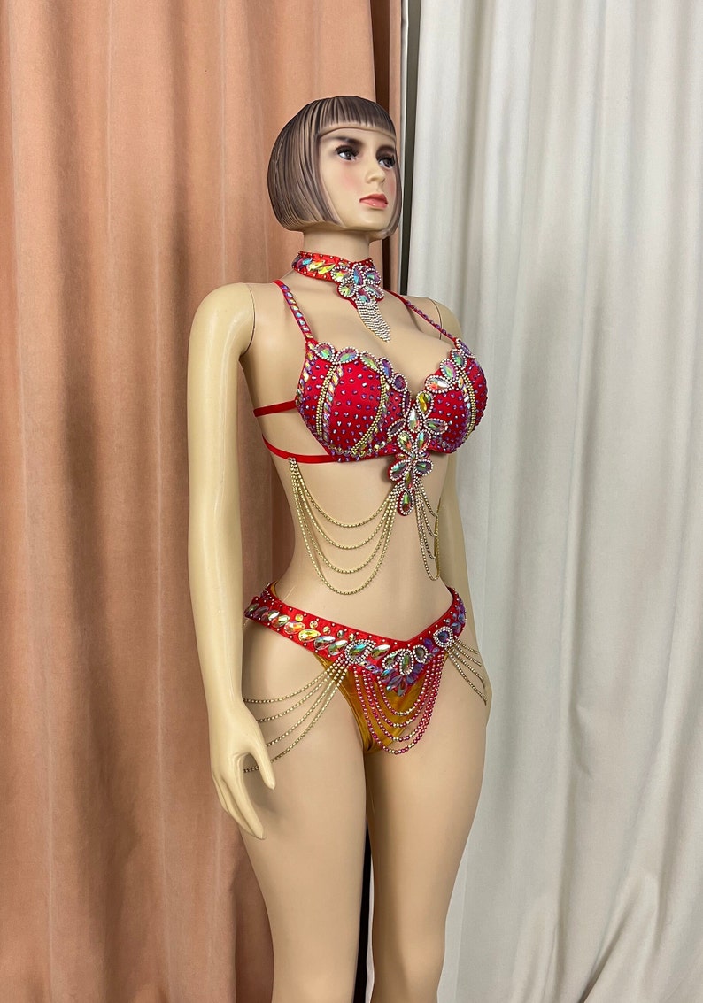 Belly Dance Costume Women's Red Embellished Rhinestone & Gold Chain Halter Bra and Hip Scarf Set for Performance