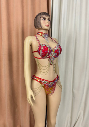 Belly Dance Costume Women's Red Embellished Rhinestone & Gold Chain Halter Bra and Hip Scarf Set for Performance