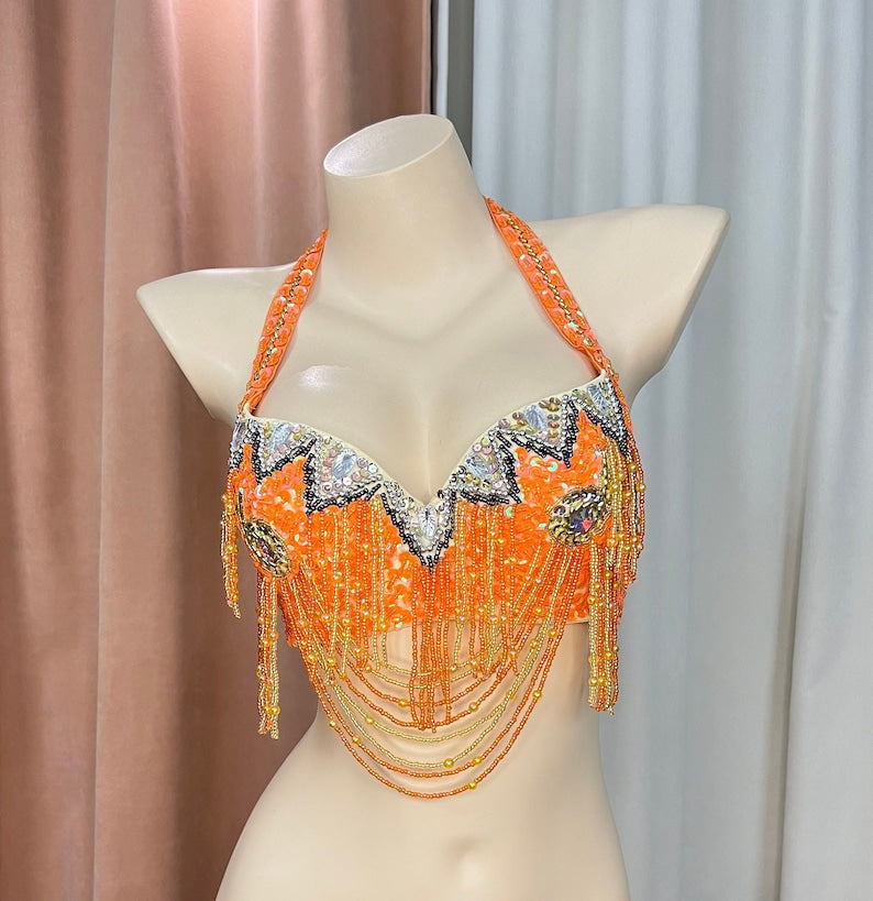 Belly Dance Bra Top, Women's Orange Beaded Halter Neck Sequin Fringe Costume Bra Top, Belly Dance