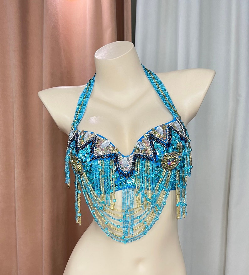 Belly Dance Bra Top, Women's Orange Beaded Halter Neck Sequin Fringe Costume Bra Top, Belly Dance