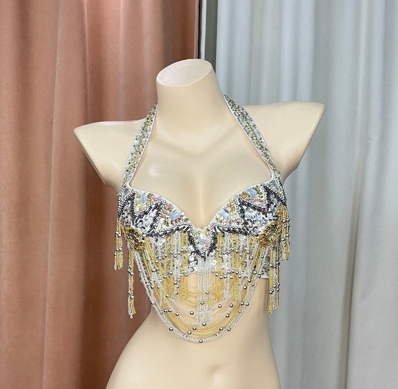 Women's White/Gold/Silver Sequin Beaded Halter Neck Belly Dance Bra Top - Tribal/Cabaret Style