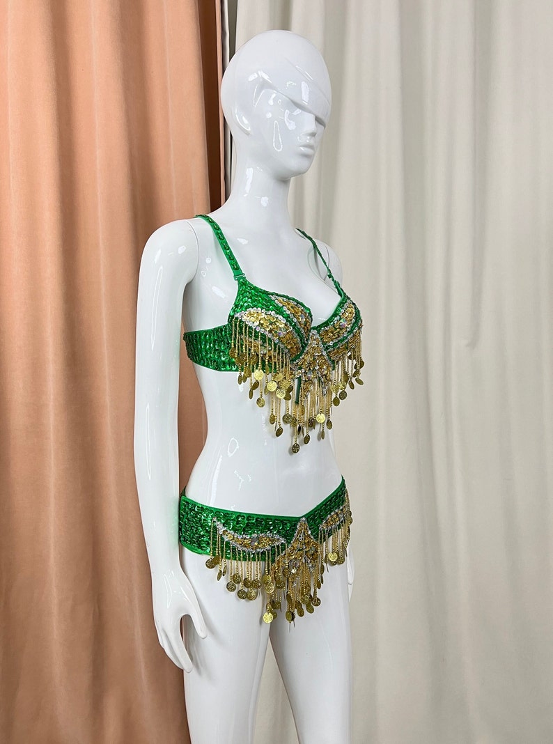 Belly Dance Costume Women's Emerald Green & Gold Sequin Coin Fringe Bra & Belt Set for Performance