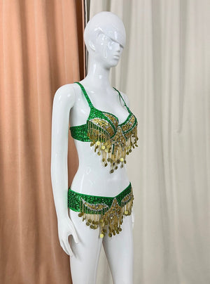 Belly Dance Costume Women's Emerald Green & Gold Sequin Coin Fringe Bra & Belt Set for Performance