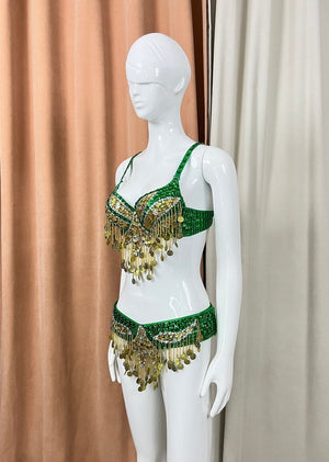 Belly Dance Costume Women's Emerald Green & Gold Sequin Coin Fringe Bra & Belt Set for Performance