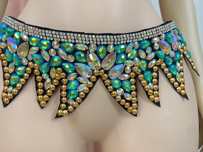 Rhinestone Bra and Belt Set, Women's Green & Gold Sequin & Bead Embellished Dance Costume, Belly Dance & Rave Wear
