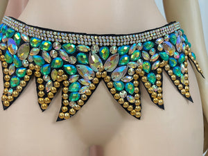 Rhinestone Bra and Belt Set, Women's Green & Gold Sequin & Bead Embellished Dance Costume, Belly Dance & Rave Wear