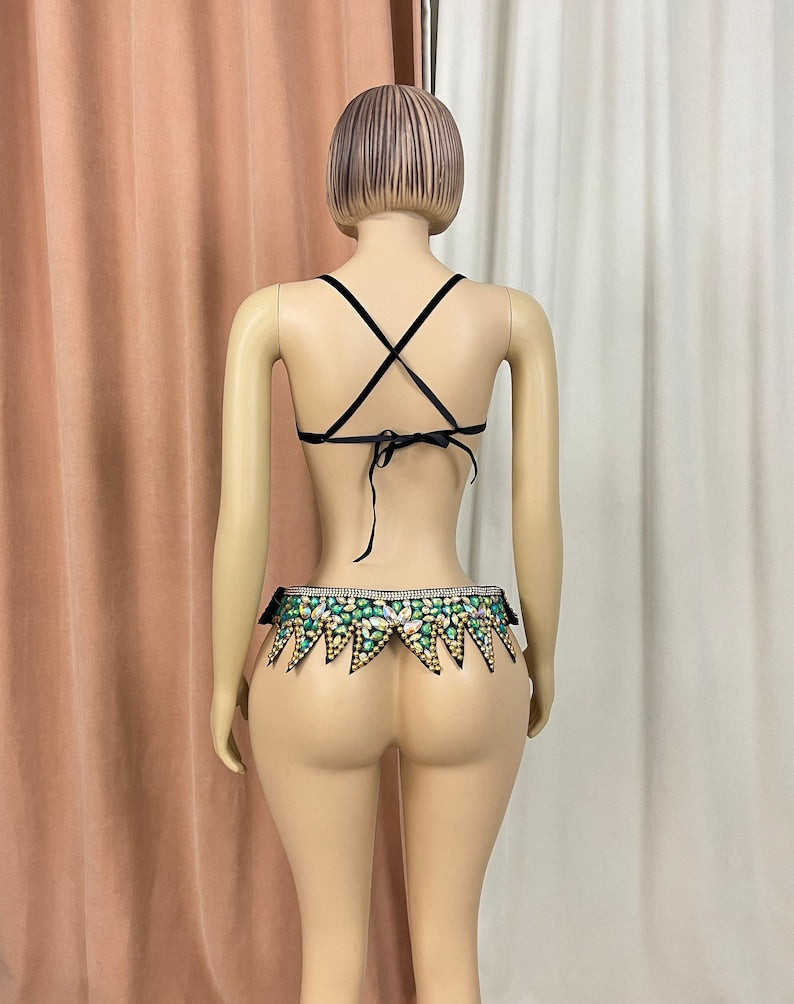 Rhinestone Bra and Belt Set, Women's Green & Gold Sequin & Bead Embellished Dance Costume, Belly Dance & Rave Wear