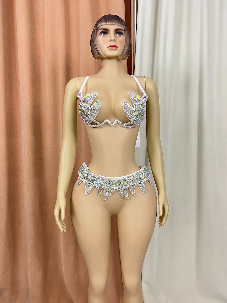 Rhinestone Bra and Belt Set, Women's Green & Gold Sequin & Bead Embellished Dance Costume, Belly Dance & Rave Wear