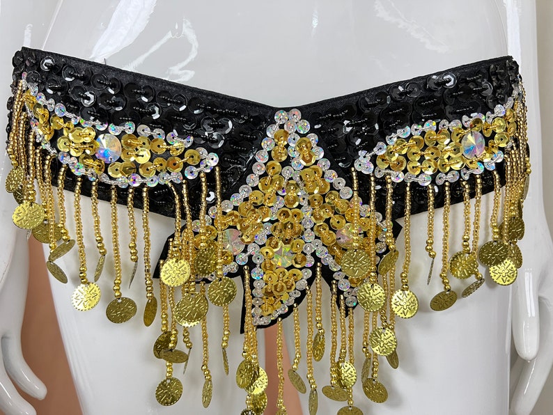 Belly Dance Bra and Belt Set, Women's Black & Gold Sequin Coin Fringe, Belly Dance