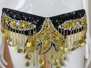 Belly Dance Bra and Belt Set, Women's Black & Gold Sequin Coin Fringe, Belly Dance