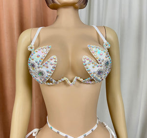 Women's White Sequin & Rhinestone Halter Neck Two-Piece Dance Set, Exotic Dancewear