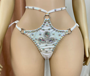 Women's White Sequin & Rhinestone Halter Neck Two-Piece Dance Set, Exotic Dancewear