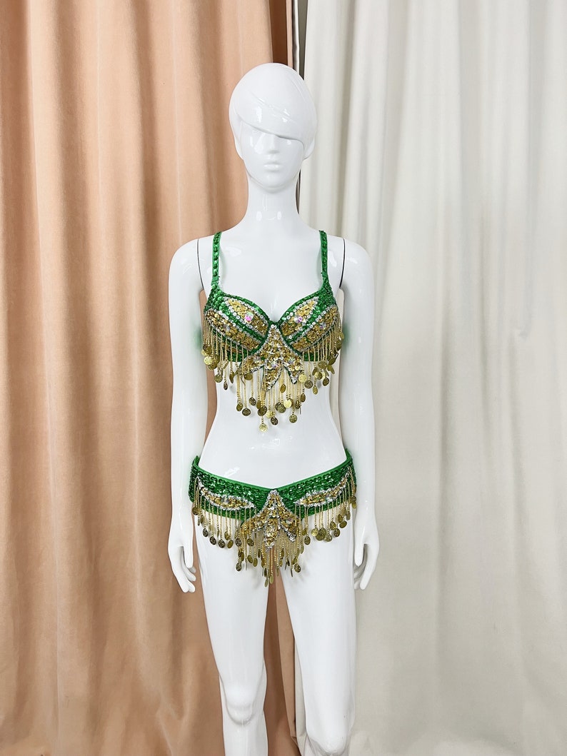 Belly Dance Costume Women's Emerald Green & Gold Sequin Coin Fringe Bra & Belt Set for Performance