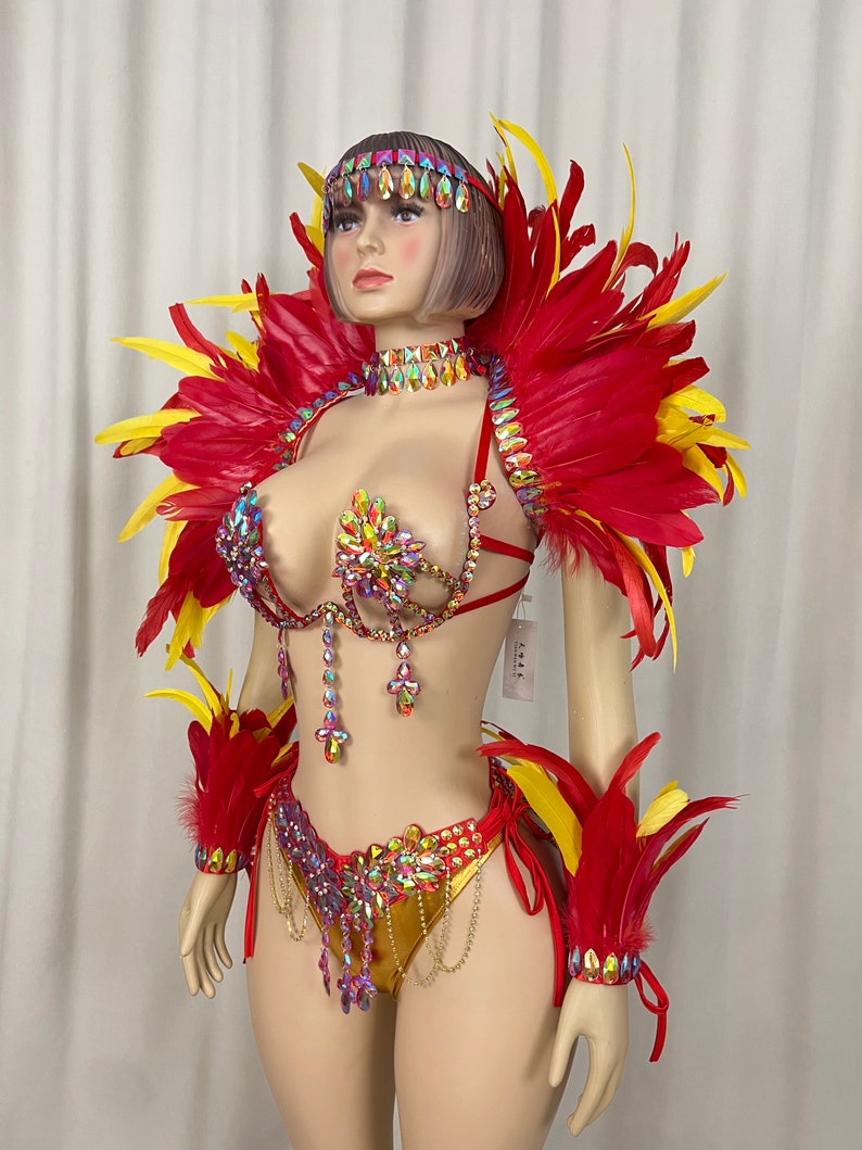 Carnival Dance Costume, Women's, Red & Yellow Feathered & Rhinestone Embellished, Samba/Carnival Dance