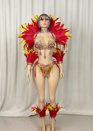 Carnival Dance Costume, Women's, Red & Yellow Feathered & Rhinestone Embellished, Samba/Carnival Dance