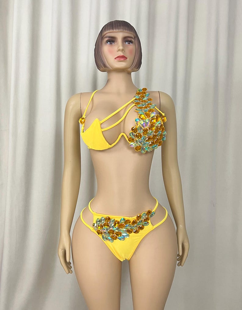 Women's Hot Pink Rhinestone Embellished Cut-Out Bikini Set for Latin Dance