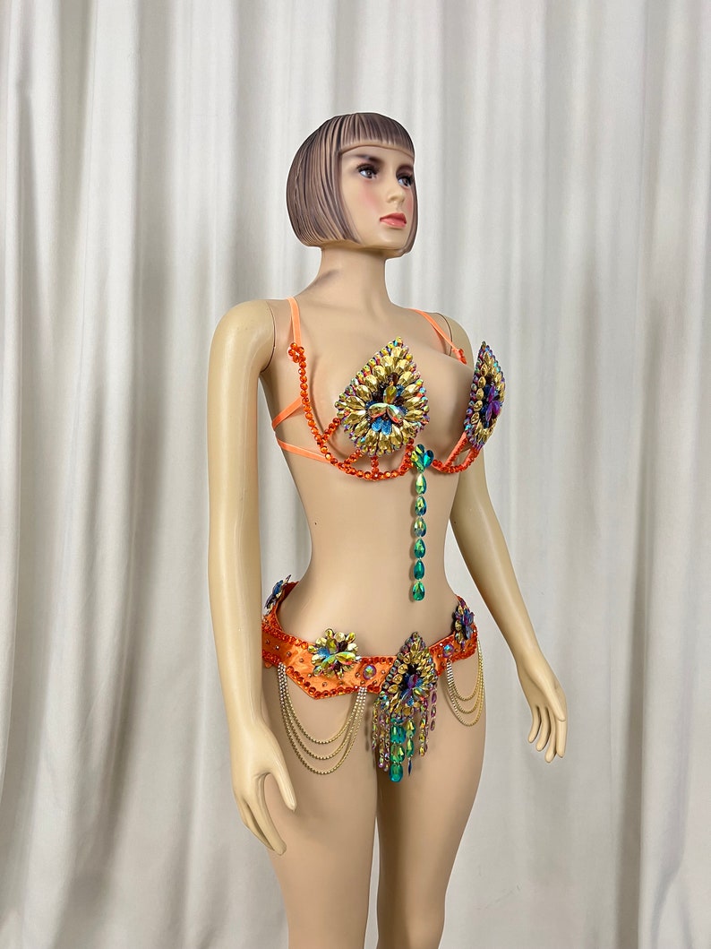 Carnival Samba Belly Dance Bra Belt Set, Women's Orange Gold Rhinestone Sequin Beaded Fringe Latin Dance Costume