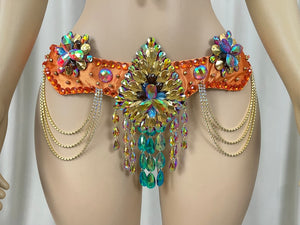 Carnival Samba Belly Dance Bra Belt Set, Women's Orange Gold Rhinestone Sequin Beaded Fringe Latin Dance Costume