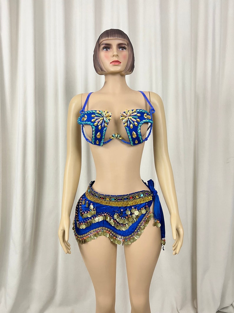 Belly Dance Costume Women's Blue Embellished Coin Hip Scarf and Bra Set