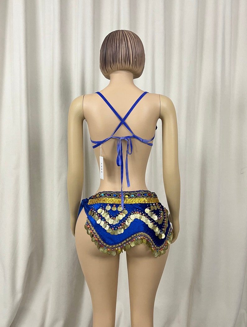 Belly Dance Costume Women's Blue Embellished Coin Hip Scarf and Bra Set