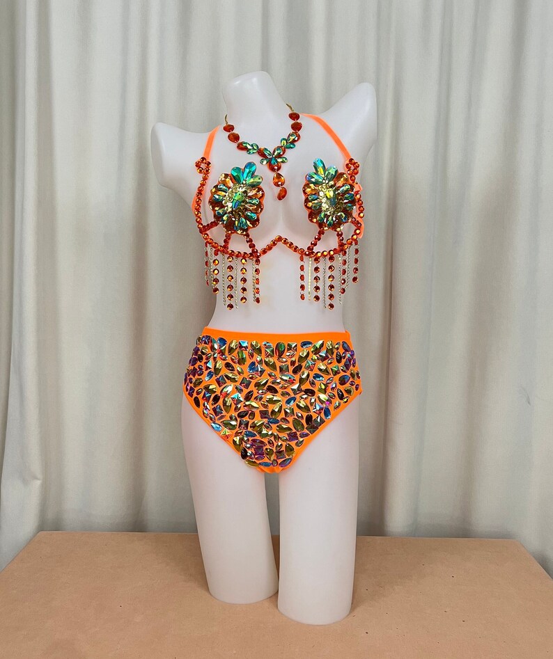 Carnival Women's Orange Feathered Sequin Rhinestone Halter Top and Skirt Set Samba Dance Costume