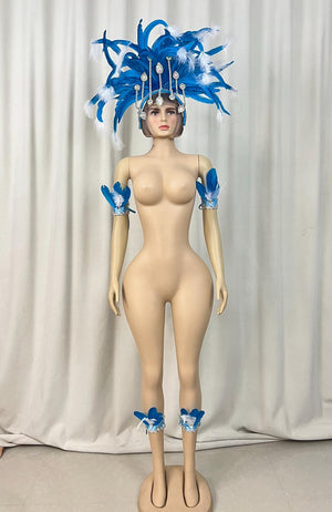 Adult Blue & White Feather & Rhinestone Headdress with Armbands - Carnival Dance Costume