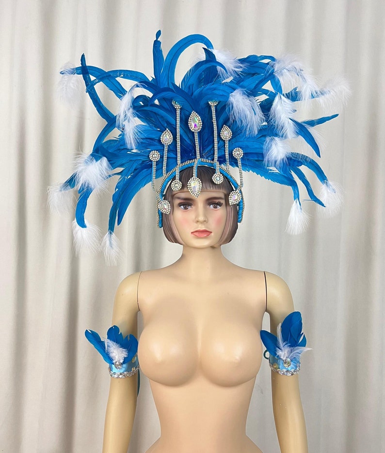 Adult Blue & White Feather & Rhinestone Headdress with Armbands - Carnival Dance Costume