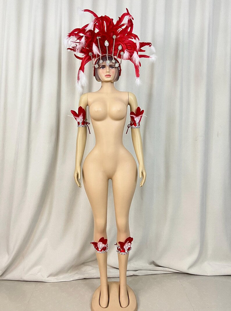 Adult Blue & White Feather & Rhinestone Headdress with Armbands - Carnival Dance Costume